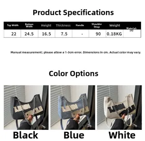 Size chart showing PU leather handbag dimensions with 90cm chain strap details