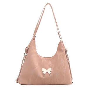 Pink pleated tote bag with silver butterfly buckle and chain strap for women