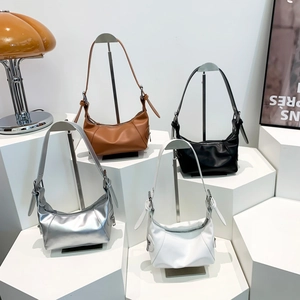 Glossy oil wax leather moon bag in four colors with adjustable buckle strap and zip closure