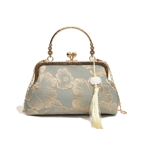 Retro Chinese style chain shoulder bag with floral embroidery and golden metal handle