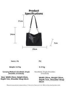 Detailed size specifications for woven black PU shoulder bag with silver chain straps