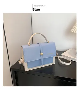 Detailed shot of sky blue and cream white color-blocking handbag with gold buckle closure
