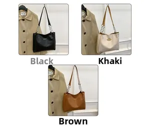 Detailed woven texture of tote bags in black, khaki, and brown with chain straps