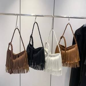 Bohemian fringe shoulder bag collection in four colors with long tassels and woven strap
