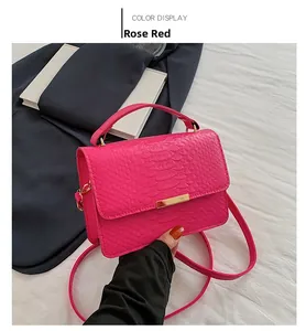 Detail of rose red crocodile embossed small handbag with gold buckle and handle