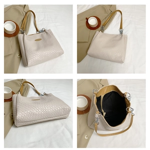 Detail shots of beige woven tote bag with brown leather straps and metallic chain