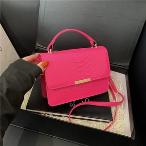 Chic magenta square handbag with crocodile embossing and golden metal lock for women