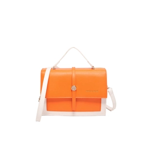 Chic orange and cream contrast leather crossbody bag with metal round buckle