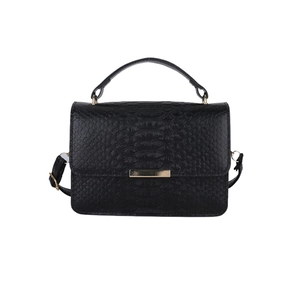 Fashionable black crocodile embossed handbag with gold accents and detachable strap