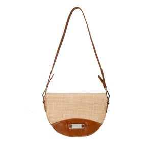 Contrast woven saddle bag with brown leather trim and silver metal buckle on white background