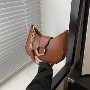 Women Trendy PU Leather Underarm Shoulder Bag Fashion Simple Crescent Bag With Metal Buckle And Chain Handle Half Moon Bag