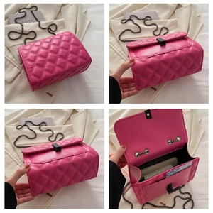 Detail views of pink quilted crossbody bag with metal chain strap and interior space