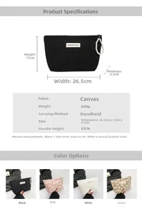 Size chart for heart canvas makeup bag with pearl handle and color specifications