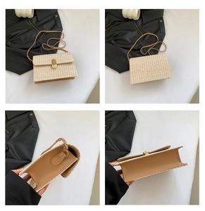 Detailed four-angle view of beige woven crossbody bag with gold chain and metal lock