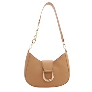 Classic khaki half-moon shoulder bag with golden D-ring buckle and chain strap