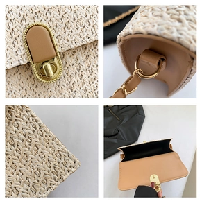 Detail of summer woven flap bag featuring golden twist lock and metallic chain strap