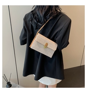 Model wearing a beige woven crossbody bag with gold chain strap and CD logo detail