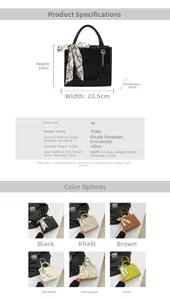 Detailed dimension guide of quilted PU tote bag with silk scarf and chain strap details