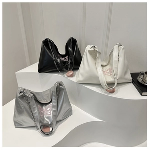 Chic PU crossbody tote bags with butterfly embroidery and silver chain in three colors