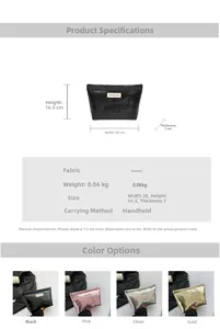 Detailed dimension chart for large capacity fashion cosmetic bag showing size and colors