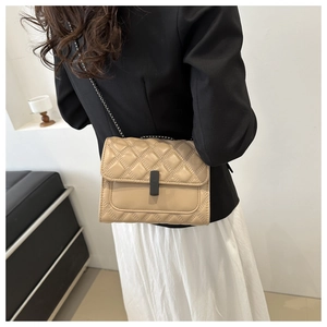 Gros plan d'un sac matelassé beige avec chaîne et fermoir en métal noir rectangulaire