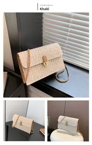 Close-up of khaki woven square bag featuring gold clasp and leather chain strap detail