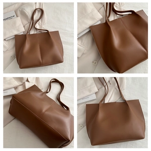 Detailed views of caramel brown leather tote bag with vertical stitching and slim straps