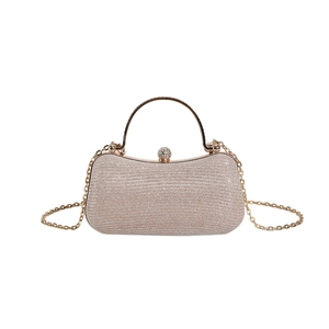 Elegant champagne gold glitter evening clutch with rhinestone lock and round handle