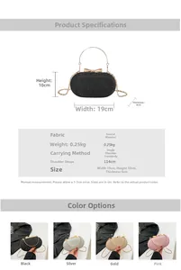 Infographic showing dimensions 19x10x6cm and textures of glitter clutch evening bags