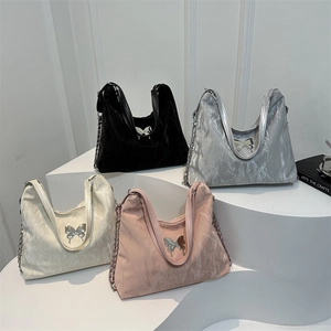 Women Fashion Shoulder Bag Crinkled PU Leather Metal Butterfly Decor Chain Strap Pleated Y2K Hobo Armpit Bag