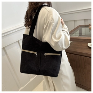 Retro black corduroy tote bag with dual front zippers and large capacity shoulder strap