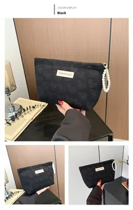 Detail of black cosmetic bag featuring 3D heart texture and elegant pearl keychain