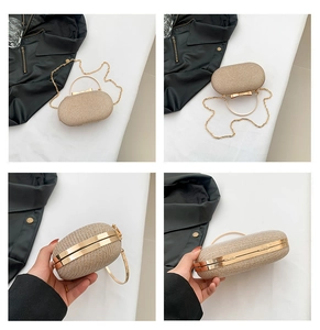 Detail of woven champagne clutch bag with golden bow clasp and metal chain strap