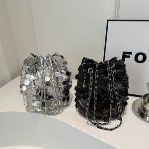 Pailletten Eimertasche Für Damen Große Runde Pailletten Mit Metallkette Schulter Umhängetasche Für Party Abend Mode