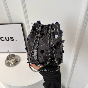 Women Sequin Bucket Bag Fashion Shiny Shoulder Bag With Metal Chain Strap Versatile Underarm Handbag For Party Evening