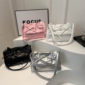 Women Shoulder Bag PU Leather Ruched Double Bow Underarm Crossbody Bag Fashionable Commute Solid Color