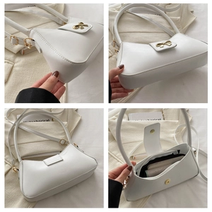 Detailed views of white crossbody bag with gold bow buckle and internal storage capacity