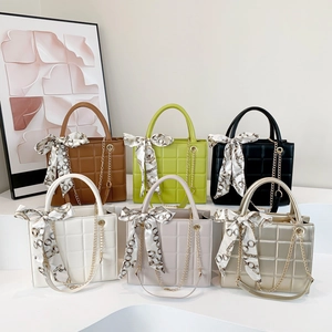 Women Quilted PU Leather Handbag With Satin Scarf And Metal Chain Strap Fashion Shoulder Tote Bag
