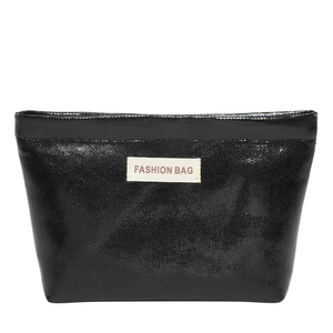 Large black shimmering cosmetic bag with fashion label and portable handle for makeup