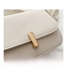 Macro shot of minimalist beige crossbody bag featuring golden buckle and detailed stitching