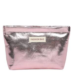 Pink metallic makeup bag with shimmering grid texture and Fashion Bag label