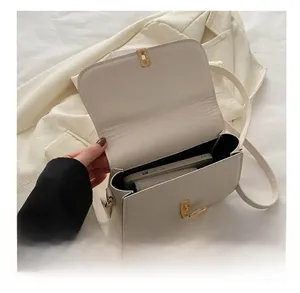Detail view showing interior capacity of beige crossbody bag holding a smartphone