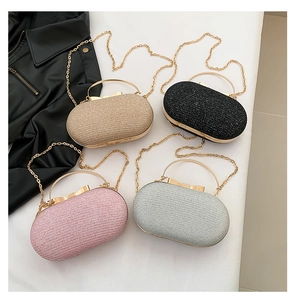 Detailed set of elegant evening clutch bags in champagne, black, pink, and silver options