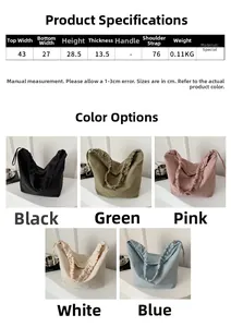 Detailed size chart and multi-color options for the nylon pleated cloud tote bag