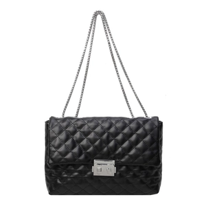 Classic black quilted shoulder bag with silver chain and metal turn-lock closure