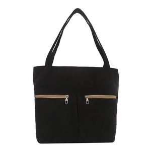 Classic black corduroy tote bag with dual front zipper pockets and shoulder straps