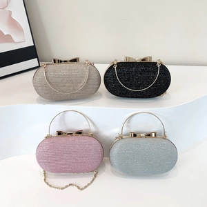 Women Evening Clutch Bag Glitter Sequins Oval Hard Shell With Metal Bow Clasp And Removable Chain Strap Banquet Party