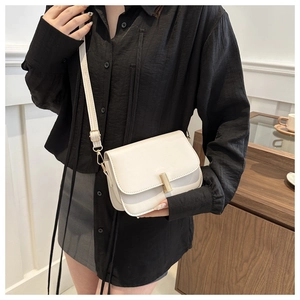 Detail of minimalist cream leather crossbody bag with elegant gold rectangular clasp