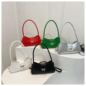 Collection of five colorful PU leather shoulder bags featuring golden bow-knot buckles