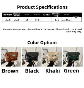 Size chart showing 20.5x15x5.5cm dimensions for PU leather crossbody chain bag